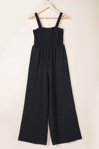 Black Smocked Sleeveless Wide Leg Jumpsuit with Pockets - Crowned Energy CO.