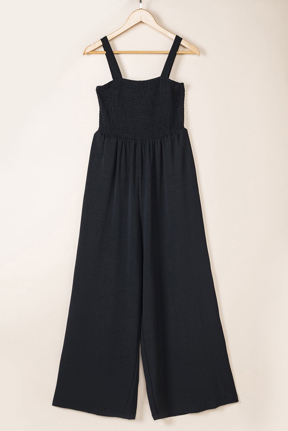 Black Smocked Sleeveless Wide Leg Jumpsuit with Pockets - Crowned Energy CO.