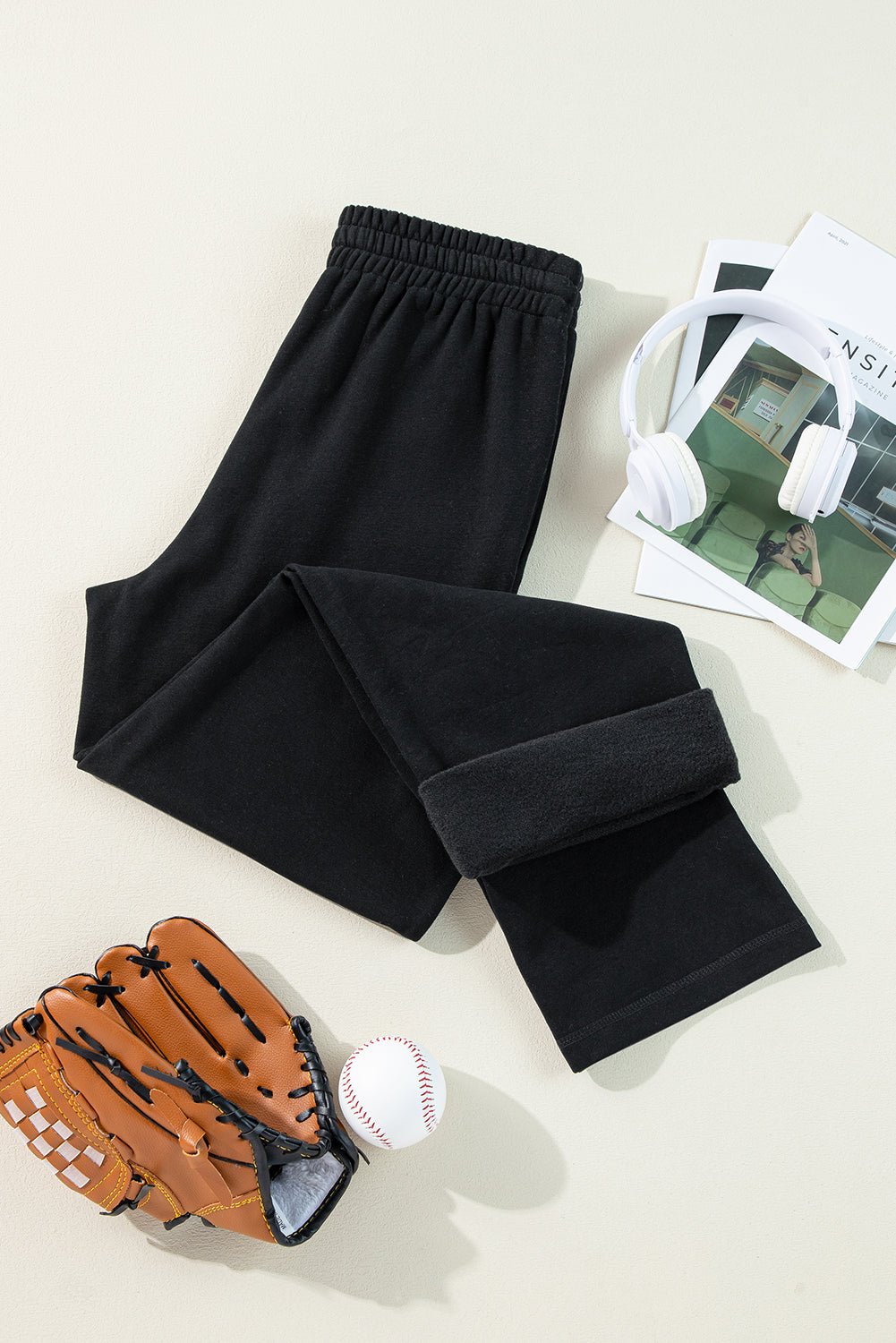 Black Solid Color Fleece Lined Drawstring Waist Casual Pants - Crowned Energy CO.