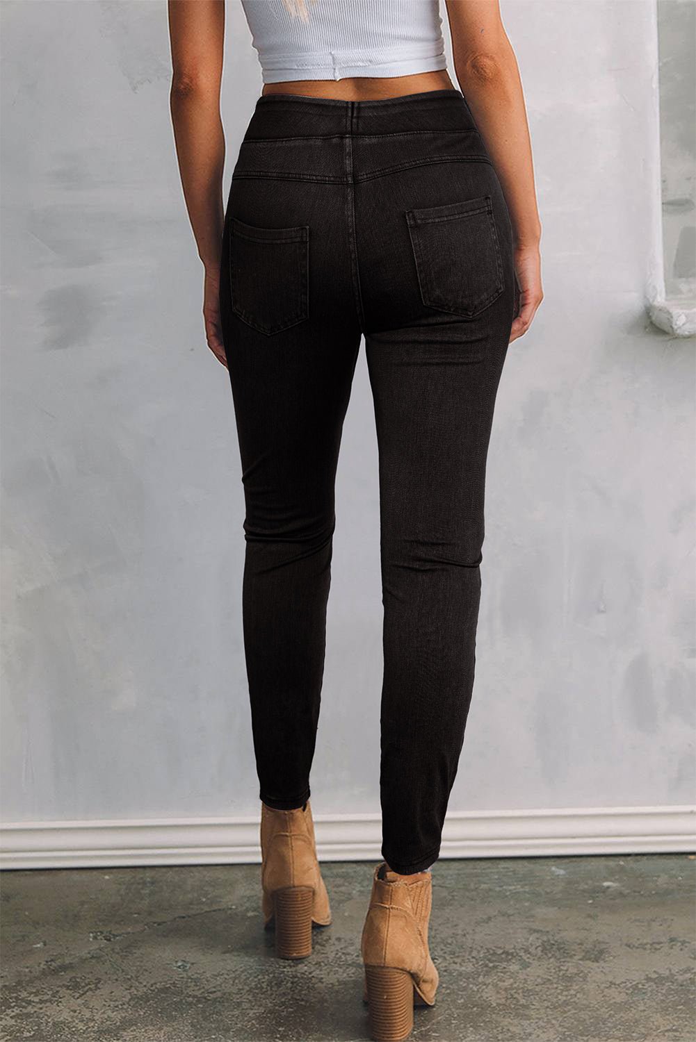 Black Solid Color High Waist Stretchy Slim Fit Jeggings - Crowned Energy CO.