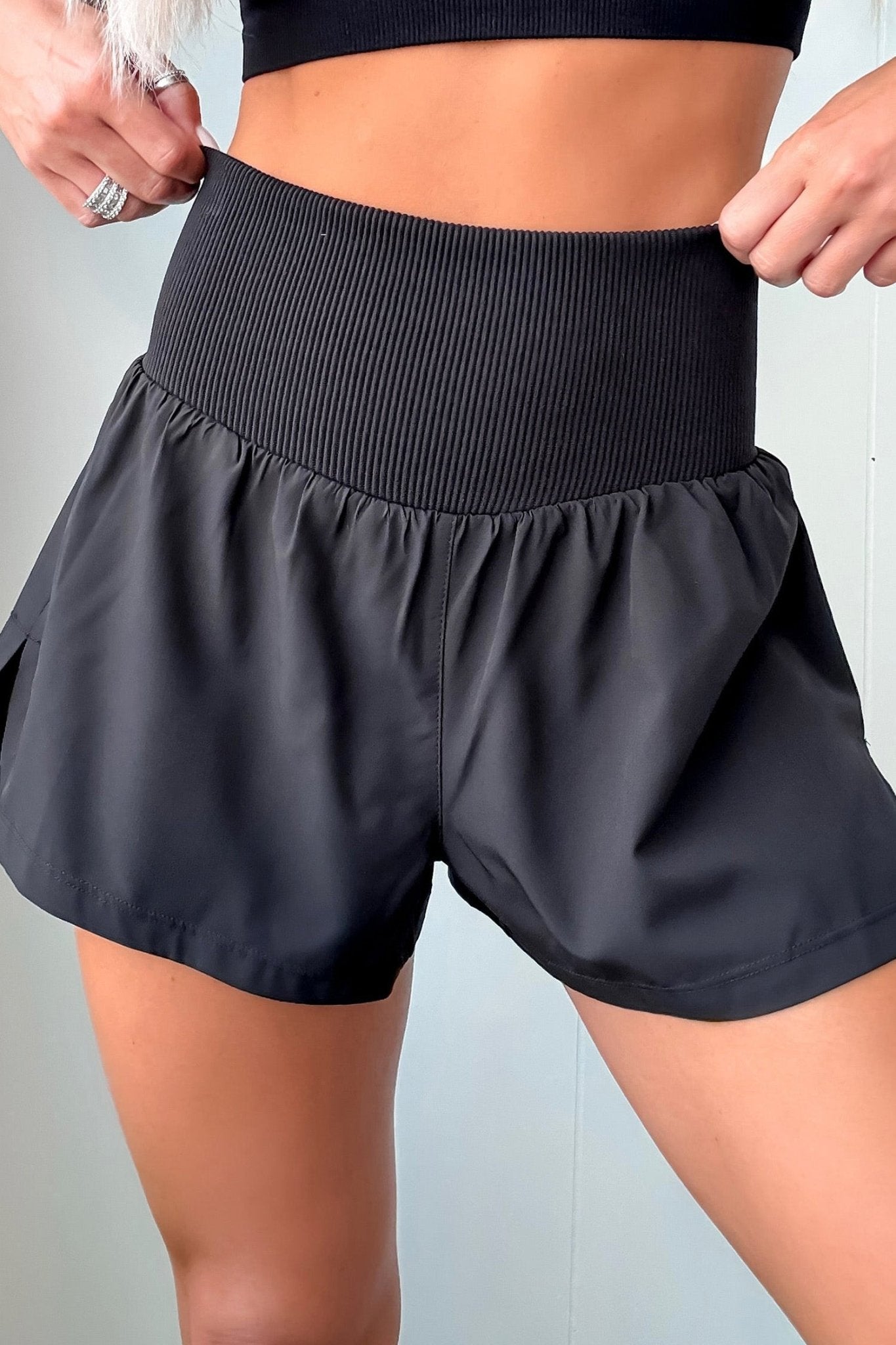 Black Solid Color Ribbed Patchwork High Waist Athletic Shorts - Crowned Energy CO.