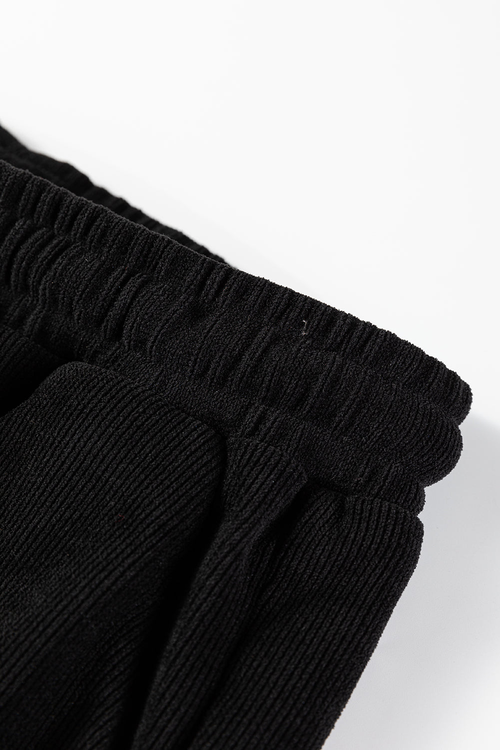 Black Solid Color Textured Knit Drop Shoulder Pullover Drawstring Shorts Set - Goddess Vibes