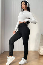 Black Solid Drawstring Waist Thermal Lined Leggings - Goddess Vibes