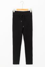 Black Solid Drawstring Waist Thermal Lined Leggings - Goddess Vibes