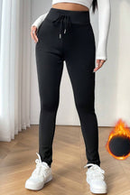 Black Solid Drawstring Waist Thermal Lined Leggings - Goddess Vibes