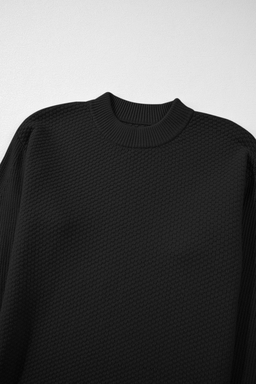 Black Solid Textured Knit Split Cuff Drop Shoulder Loose Sweater - Crowned Energy CO.