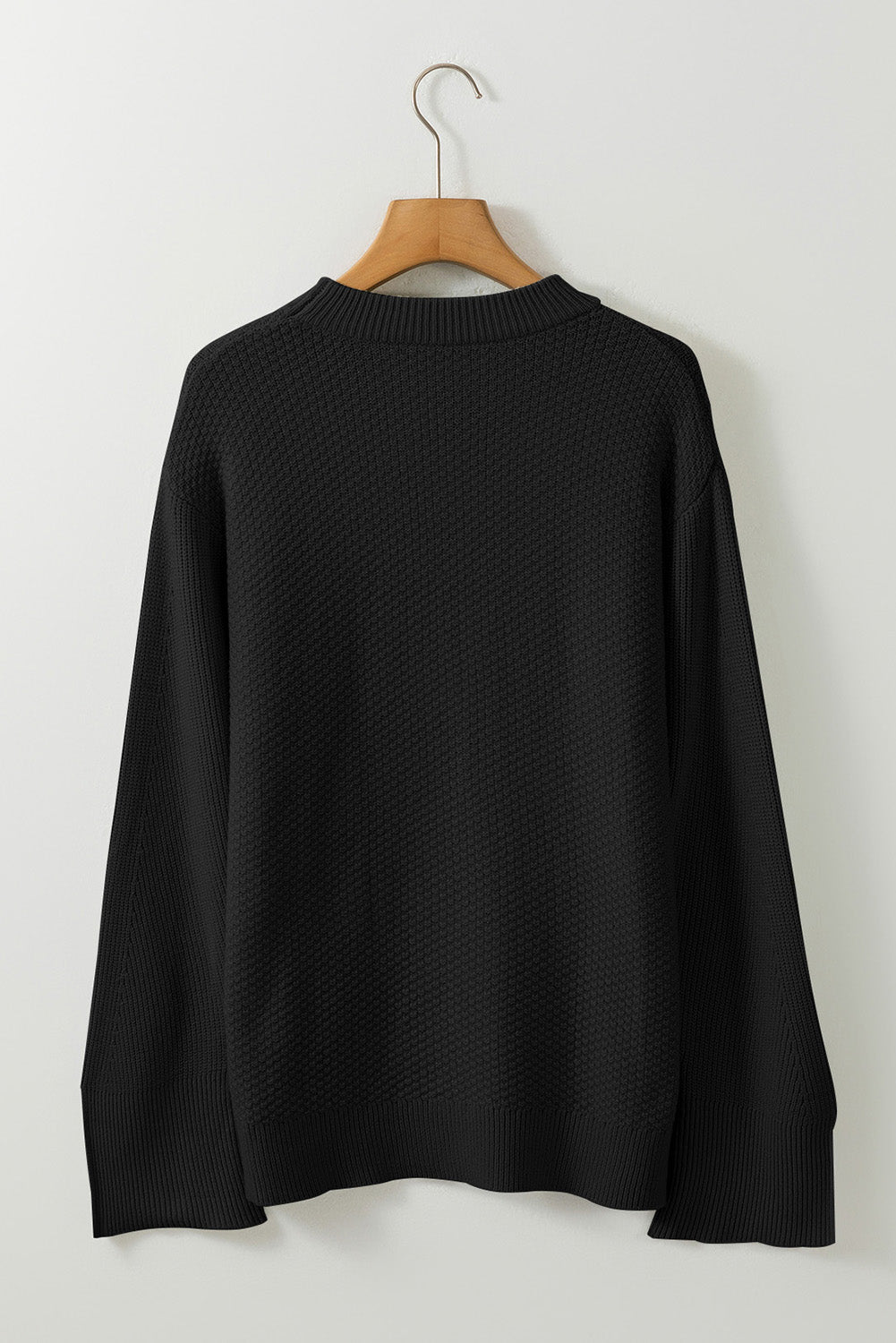 Black Solid Textured Knit Split Cuff Drop Shoulder Loose Sweater - Crowned Energy CO.
