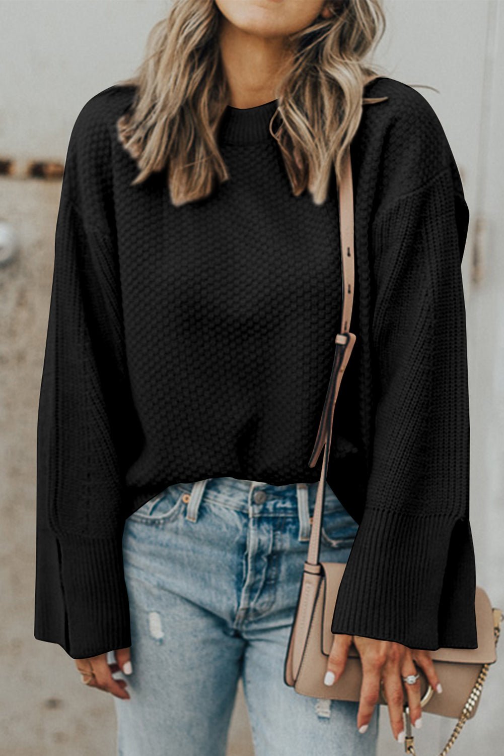 Black Solid Textured Knit Split Cuff Drop Shoulder Loose Sweater - Crowned Energy CO.