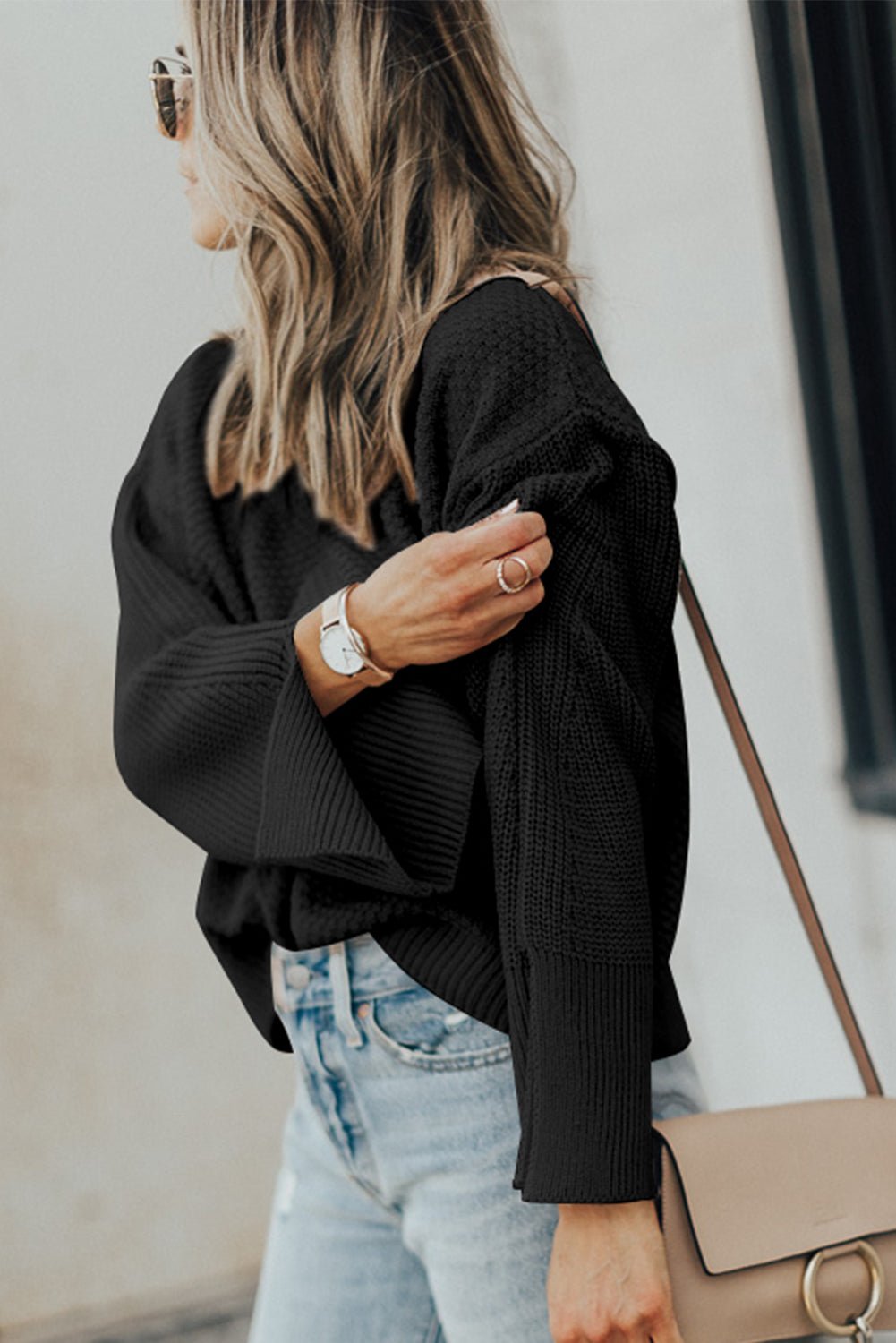 Black Solid Textured Knit Split Cuff Drop Shoulder Loose Sweater - Crowned Energy CO.