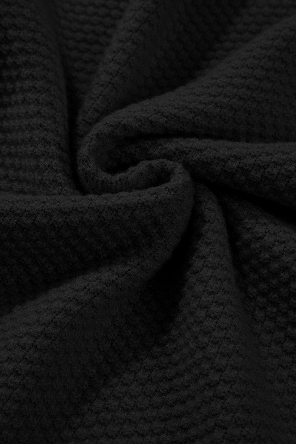 Black Solid Textured Knit Split Cuff Drop Shoulder Loose Sweater - Crowned Energy CO.