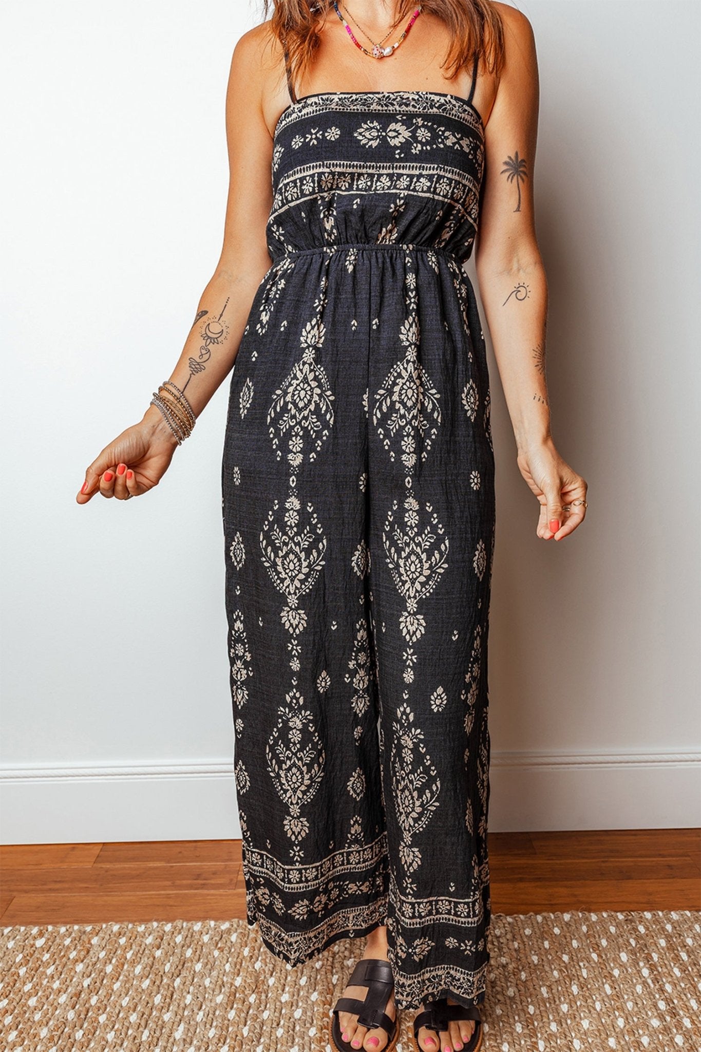 Black Spaghetti Straps Elastic Waist Loose Ethnic Print Jumpsuit - Crowned Energy CO.