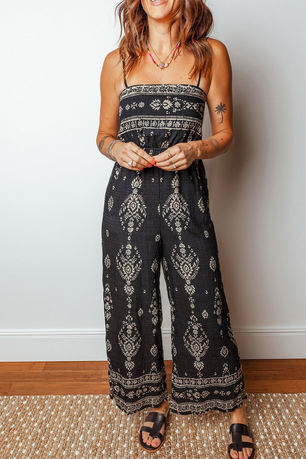 Black Spaghetti Straps Elastic Waist Loose Ethnic Print Jumpsuit - Crowned Energy CO.