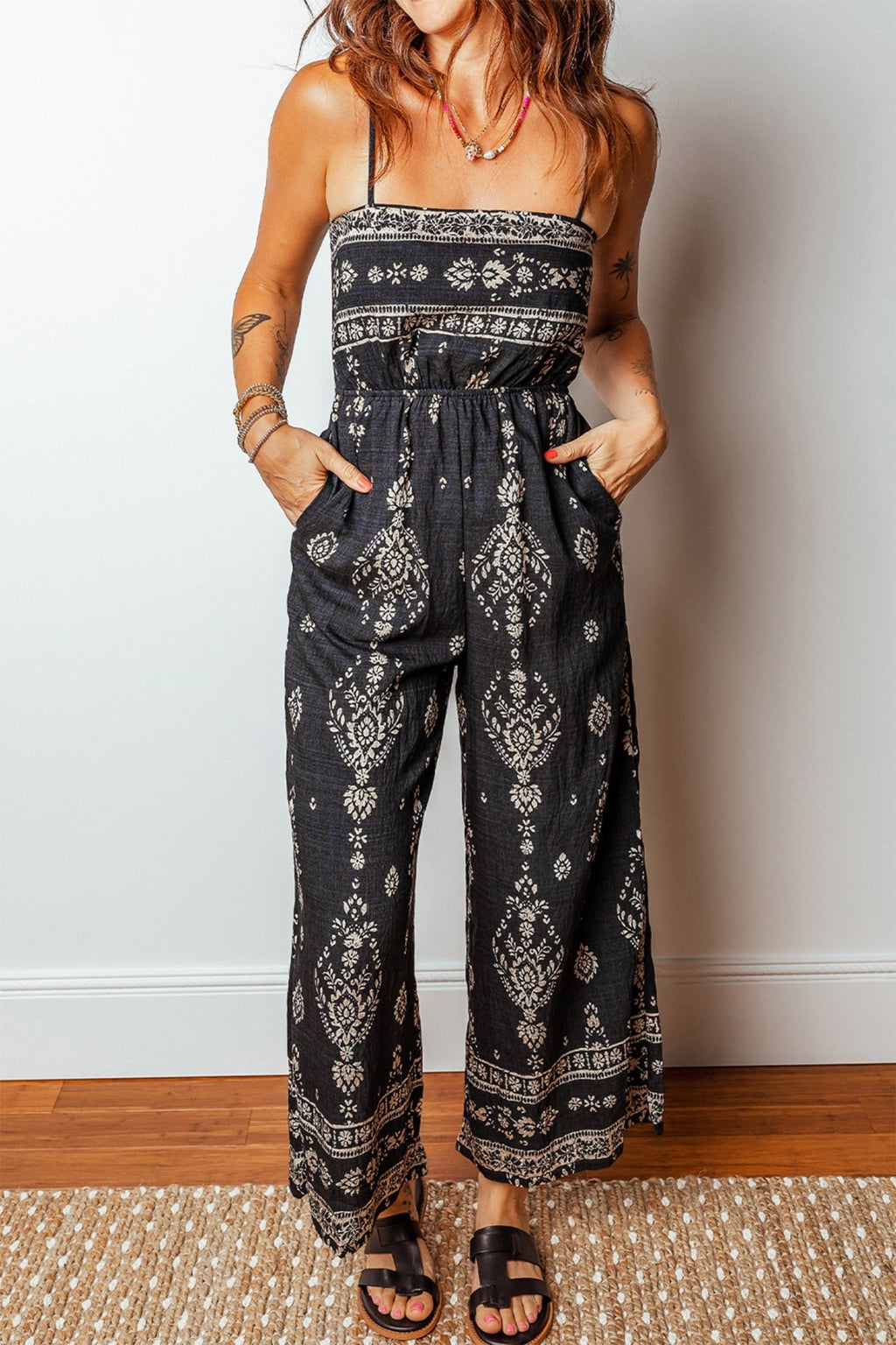 Black Spaghetti Straps Elastic Waist Loose Ethnic Print Jumpsuit - Crowned Energy CO.