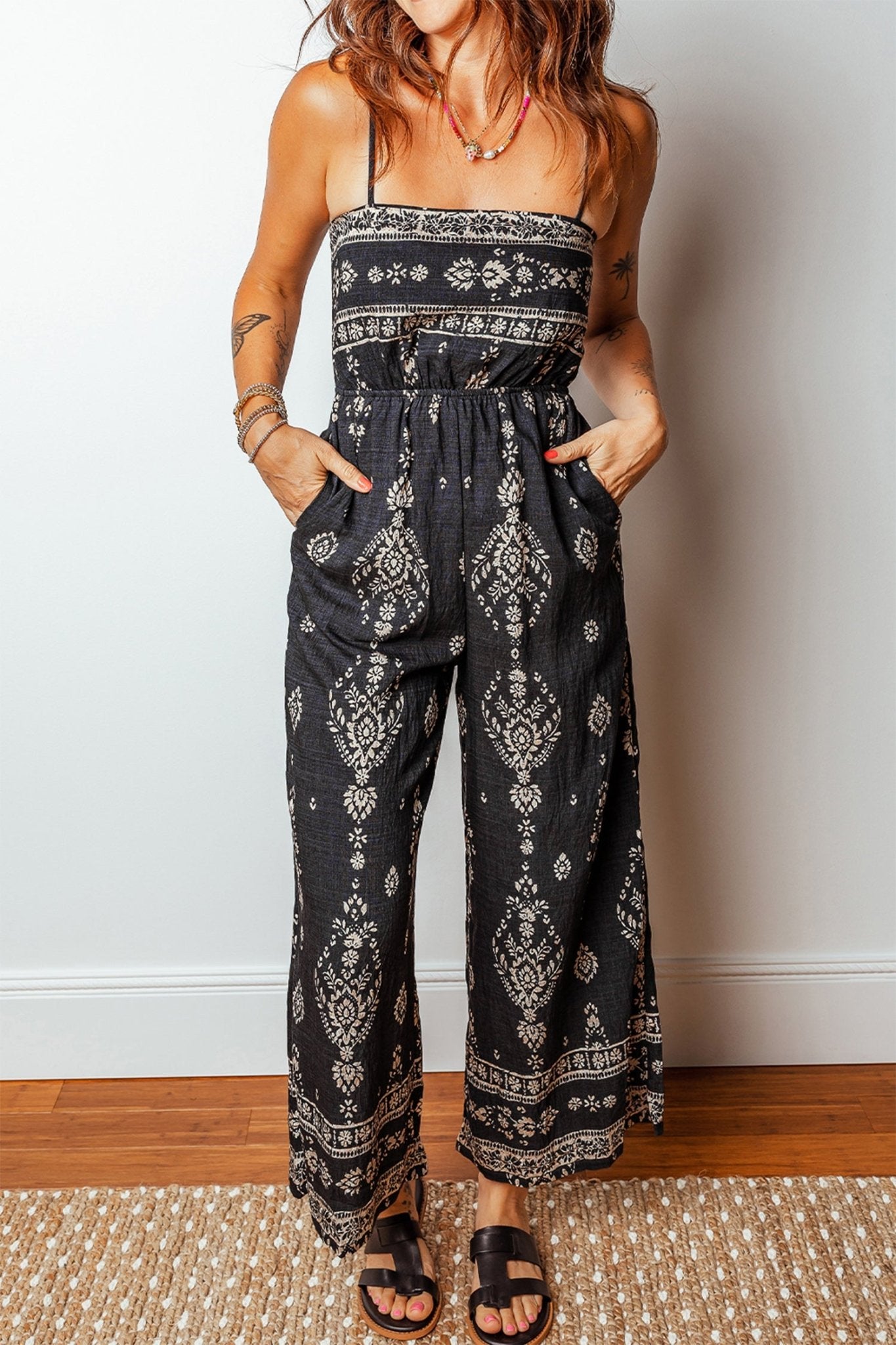 Black Spaghetti Straps Elastic Waist Loose Ethnic Print Jumpsuit - Crowned Energy CO.