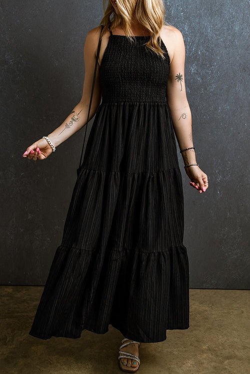 Black Spaghetti Straps Smocked Pleated Tiered Maxi Dress - Crowned Energy CO.