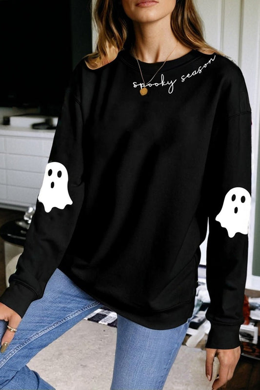 Black Spooky Season Halloween Ghost Printed Drop Shoulder Sweatshirt - Goddess Vibes