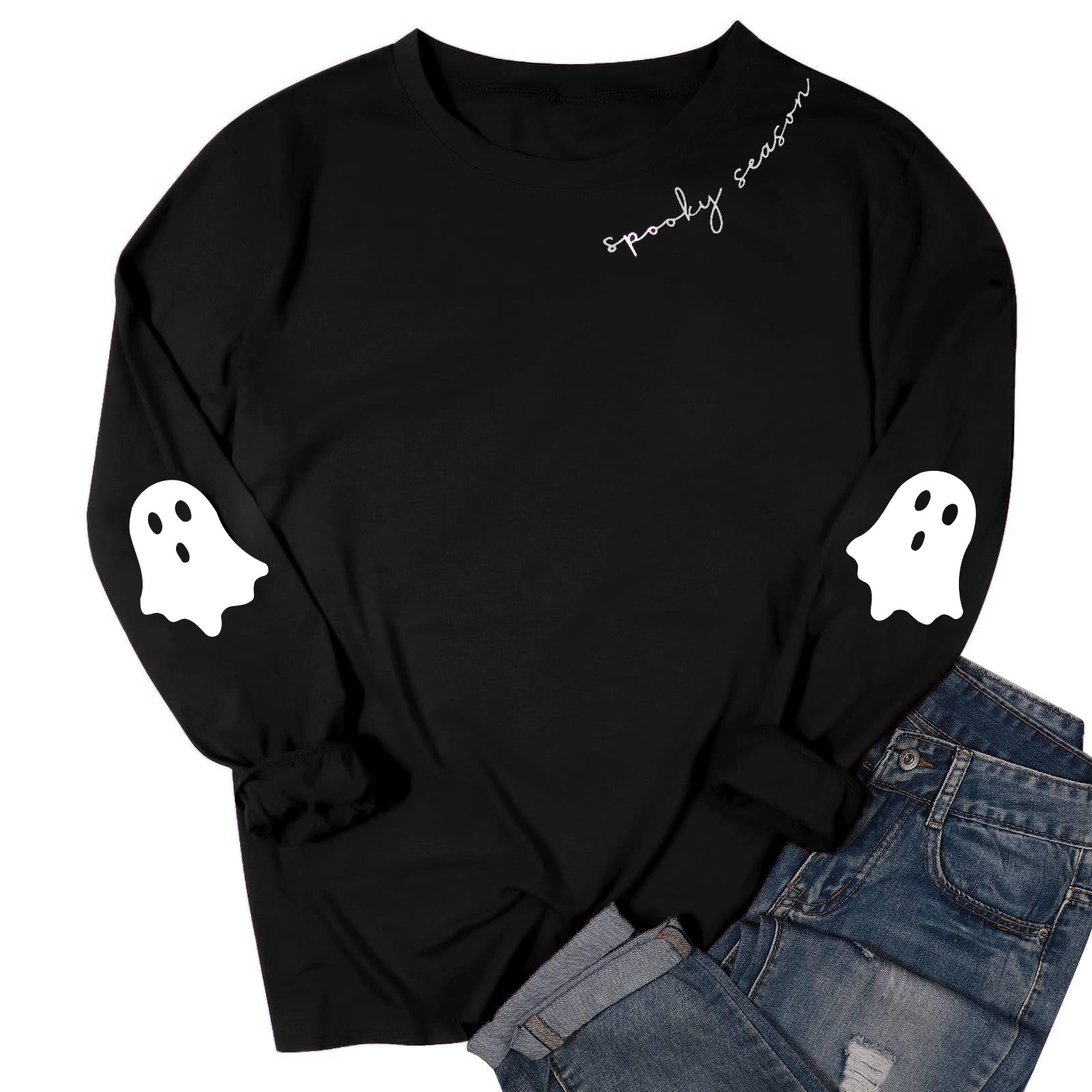 Black Spooky Season Halloween Ghost Printed Drop Shoulder Sweatshirt - Goddess Vibes