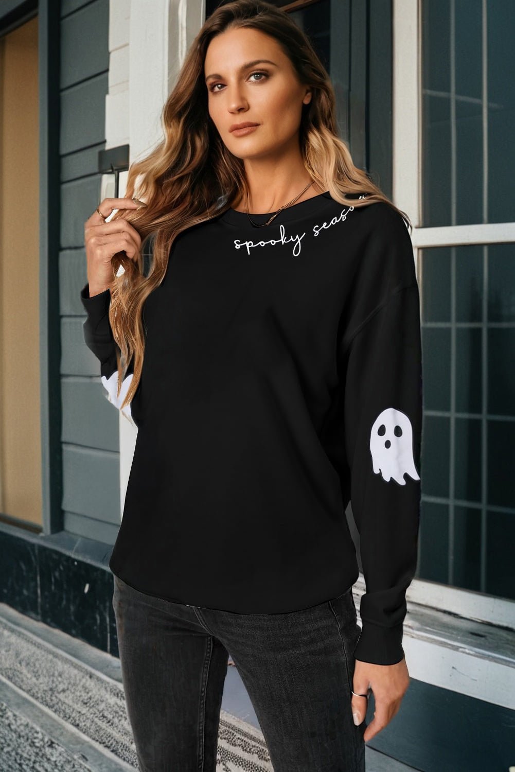Black Spooky Season Halloween Ghost Printed Drop Shoulder Sweatshirt - Goddess Vibes