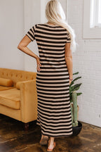 Black Stripe Casual Round Neck T-shirt Maxi Dress with Pockets - Goddess Vibes
