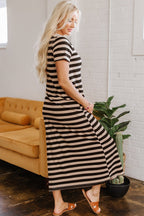 Black Stripe Casual Round Neck T-shirt Maxi Dress with Pockets - Goddess Vibes
