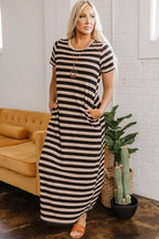 Black Stripe Casual Round Neck T-shirt Maxi Dress with Pockets - Goddess Vibes