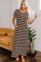 Black Stripe Casual Round Neck T-shirt Maxi Dress with Pockets - Goddess Vibes