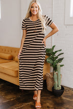 Black Stripe Casual Round Neck T-shirt Maxi Dress with Pockets - Goddess Vibes