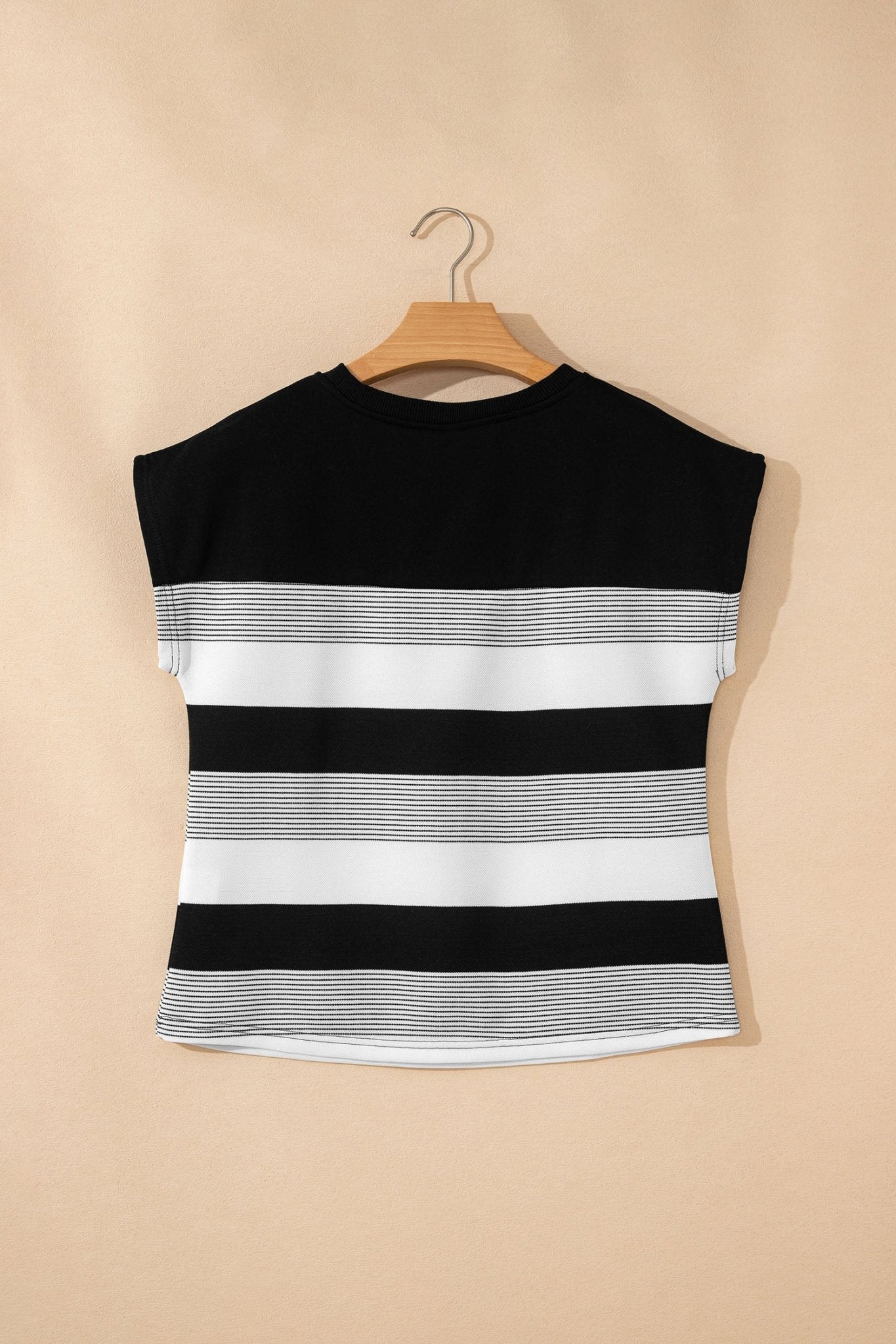 Black Stripe Mixed Print Crew Neck Cap Sleeve T Shirt - Crowned Energy CO.