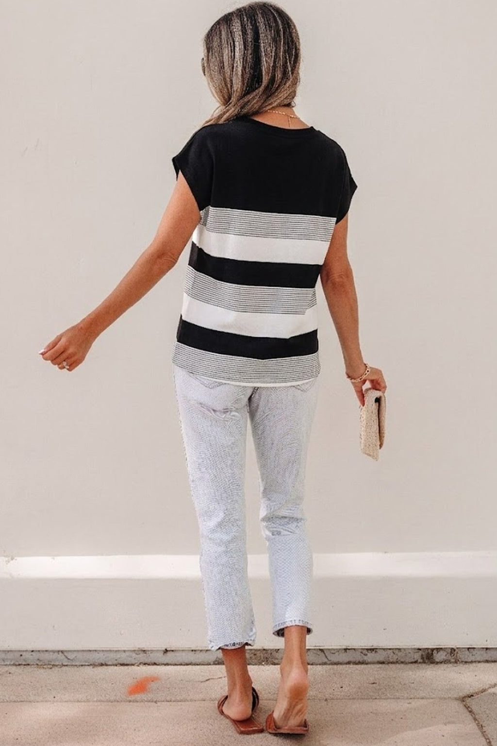 Black Stripe Mixed Print Crew Neck Cap Sleeve T Shirt - Crowned Energy CO.