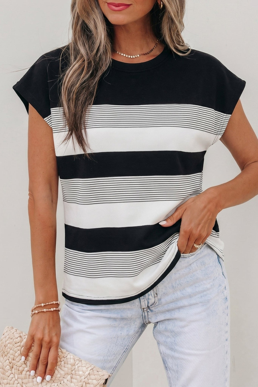 Black Stripe Mixed Print Crew Neck Cap Sleeve T Shirt - Crowned Energy CO.