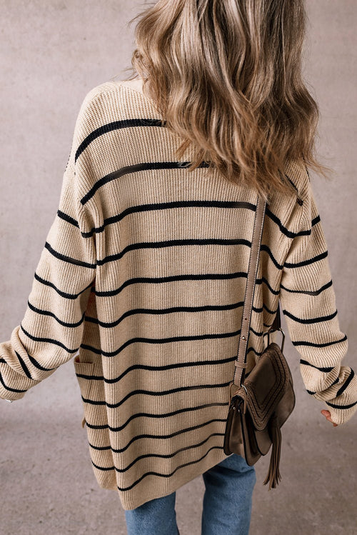 Crowned Energy CO. Black Stripe / S / 50%Viscose+28%Polyester+22%Polyamide Dear-Lover Dropshipping Sweaters & Cardigans/Cardigans Black Stripe Shawl Neckline Open Cardigan with Pockets
