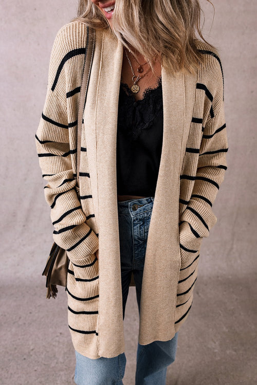 Crowned Energy CO. Black Stripe / S / 50%Viscose+28%Polyester+22%Polyamide Dear-Lover Dropshipping Sweaters & Cardigans/Cardigans Black Stripe Shawl Neckline Open Cardigan with Pockets