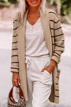 Black Stripe Shawl Neckline Open Cardigan with Pockets - Goddess Vibes