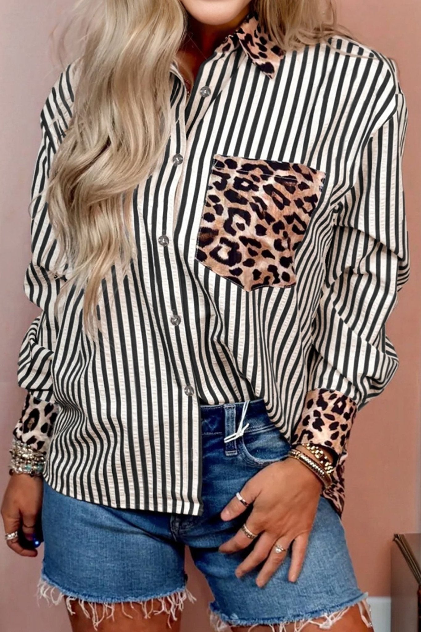 Black Striped Leopard Print Patchwork Button Up Womens Shirt - Crowned Energy CO.