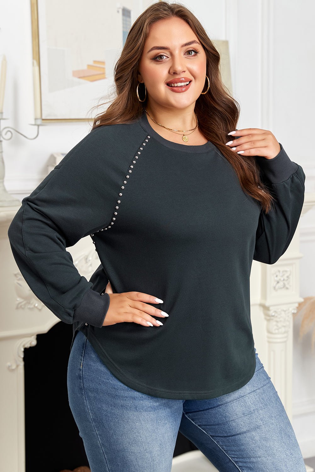 Black Studded Decor Ribbed Edge Mineral Wash Plus Size Jumper - Crowned Energy CO.