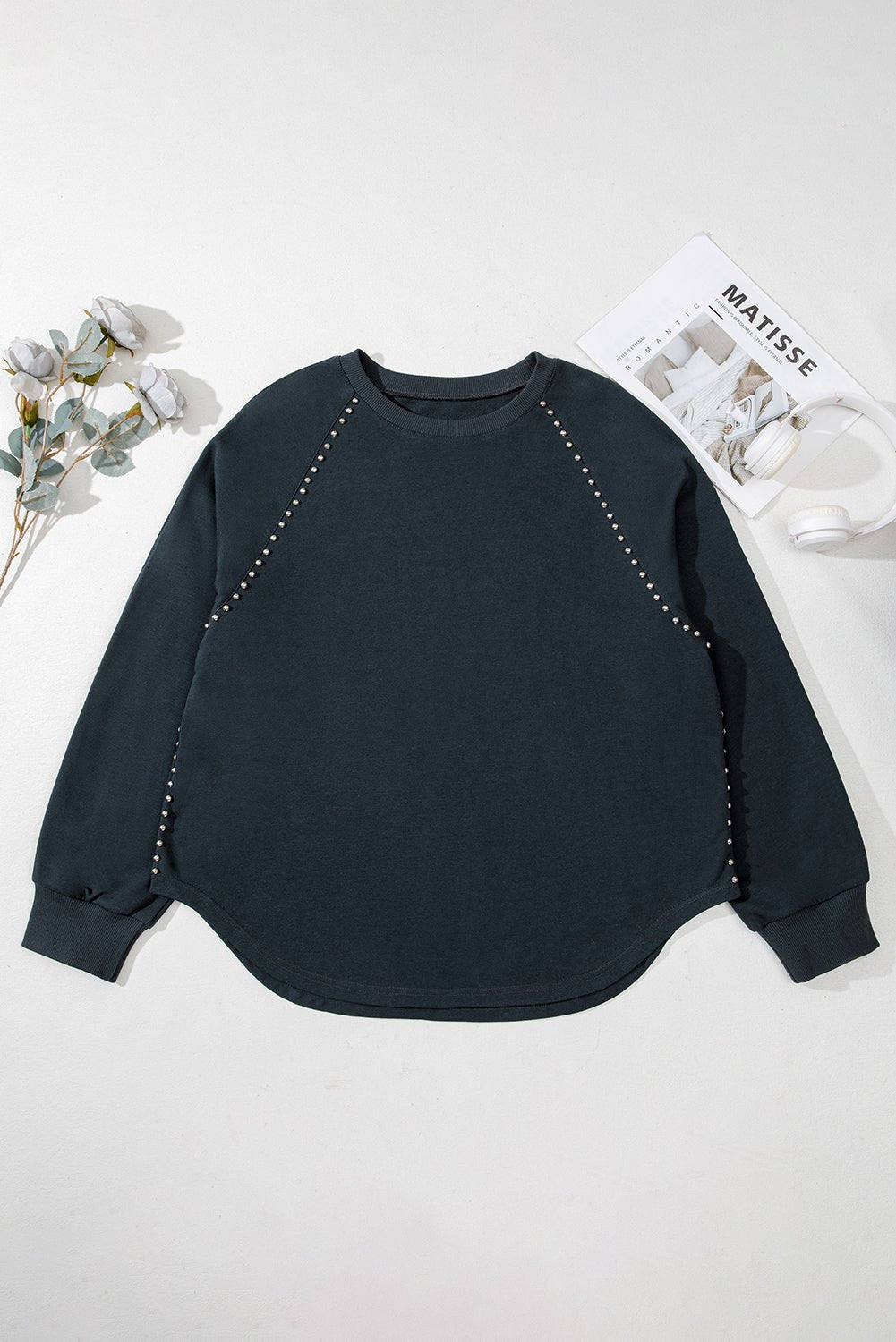 Black Studded Decor Ribbed Edge Mineral Wash Plus Size Jumper - Crowned Energy CO.