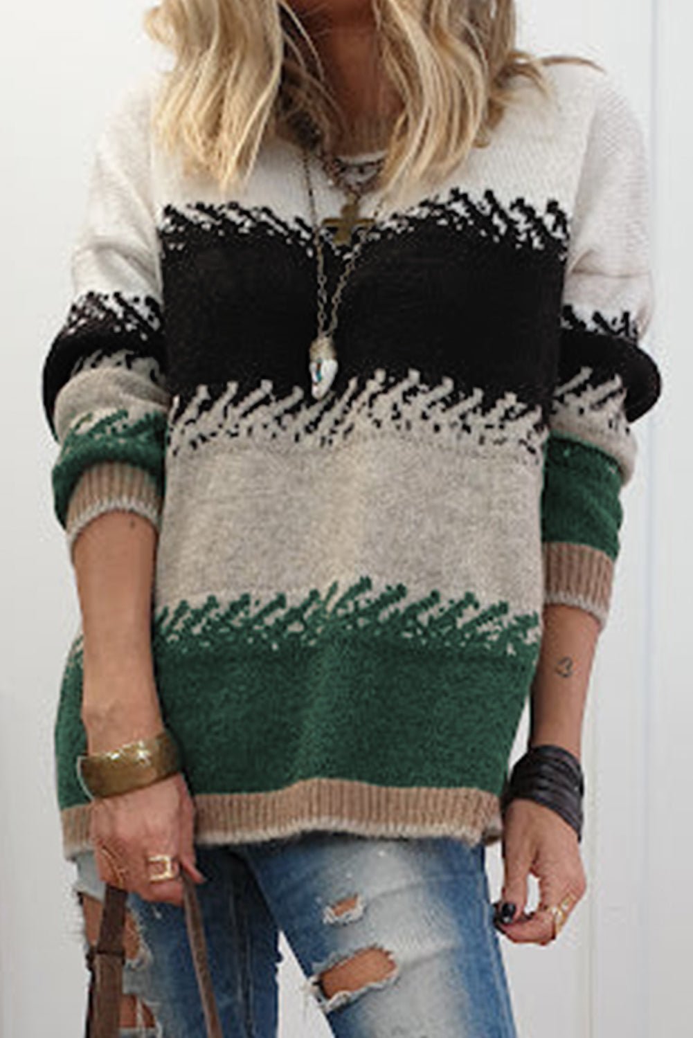 Black Stylish Color Block Pattern Drop Shoulder Sweater - Goddess Vibes