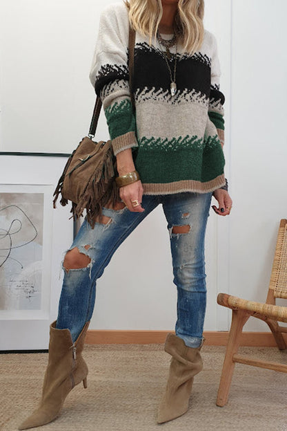 Black Stylish Color Block Pattern Drop Shoulder Sweater - Goddess Vibes