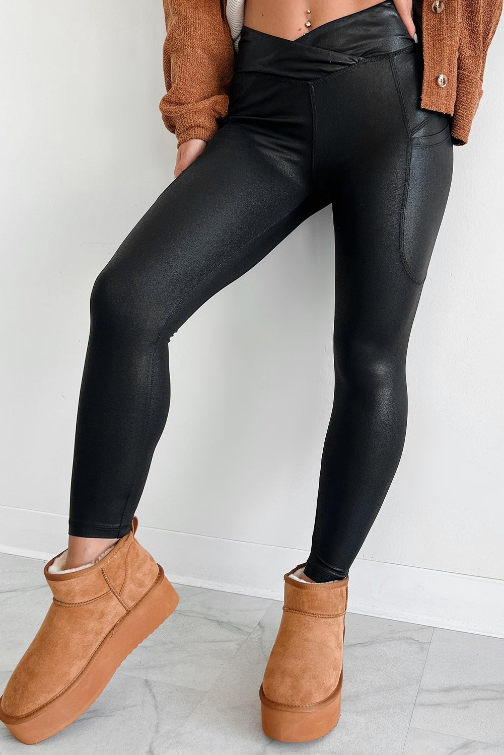 Black V Crossover High Waist Pocketed Leggings - Crowned Energy CO.