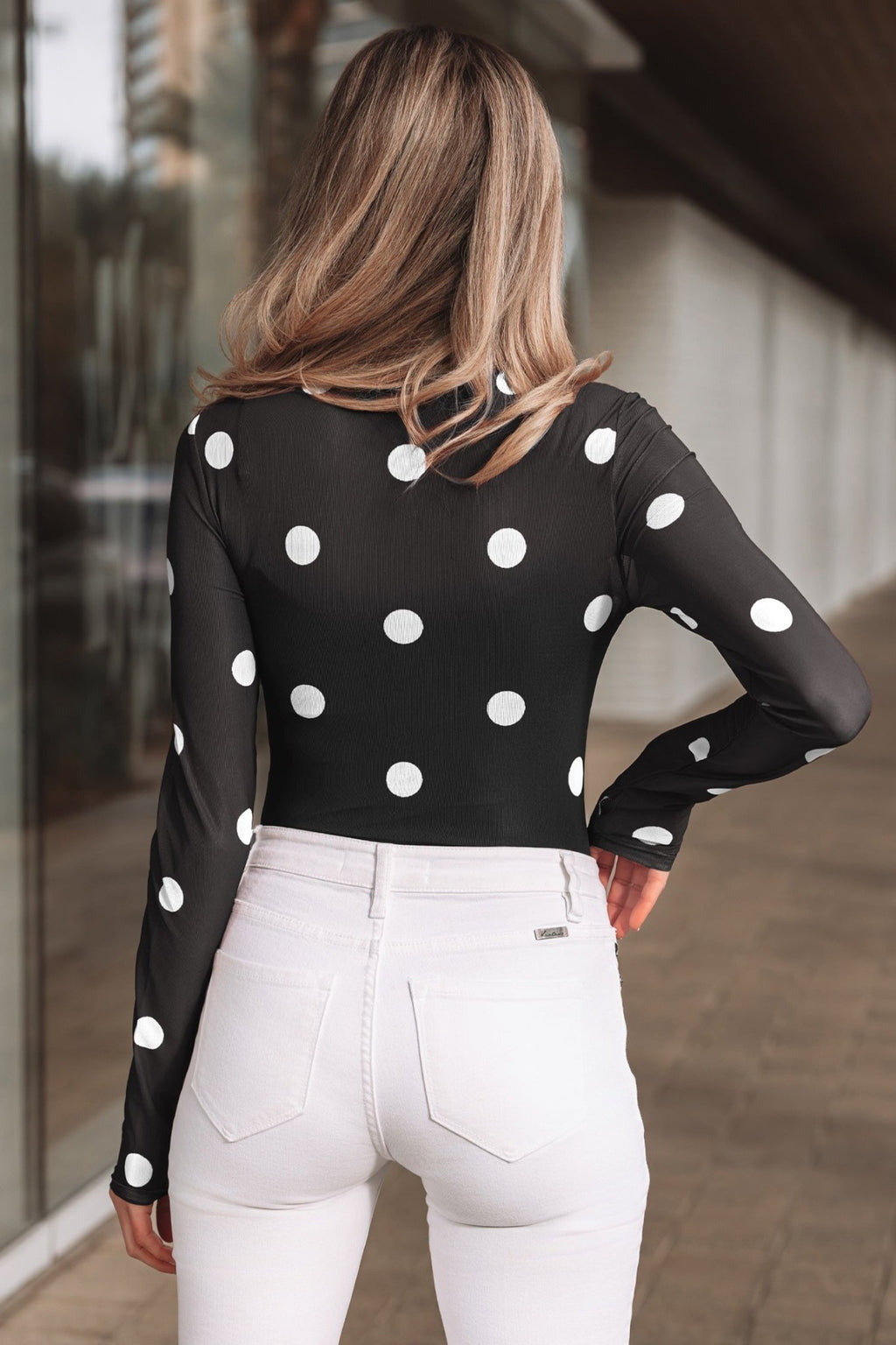 Black Vintage Polka Dot Print Mesh Long Sleeve Bodysuit - Crowned Energy CO.