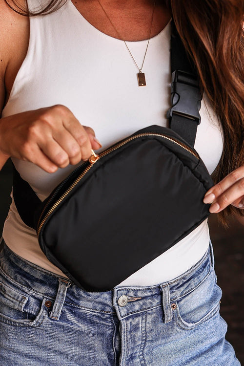 Black Waterproof Zipped Crossbody Chest Bag 20*5*14cm - Crowned Energy CO.