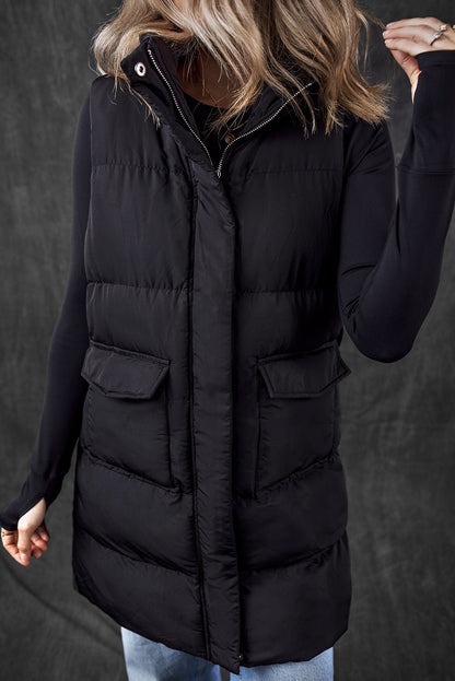 Black Windproof Longline Full Zipper Puffer Vest with Pockets - Goddess Vibes