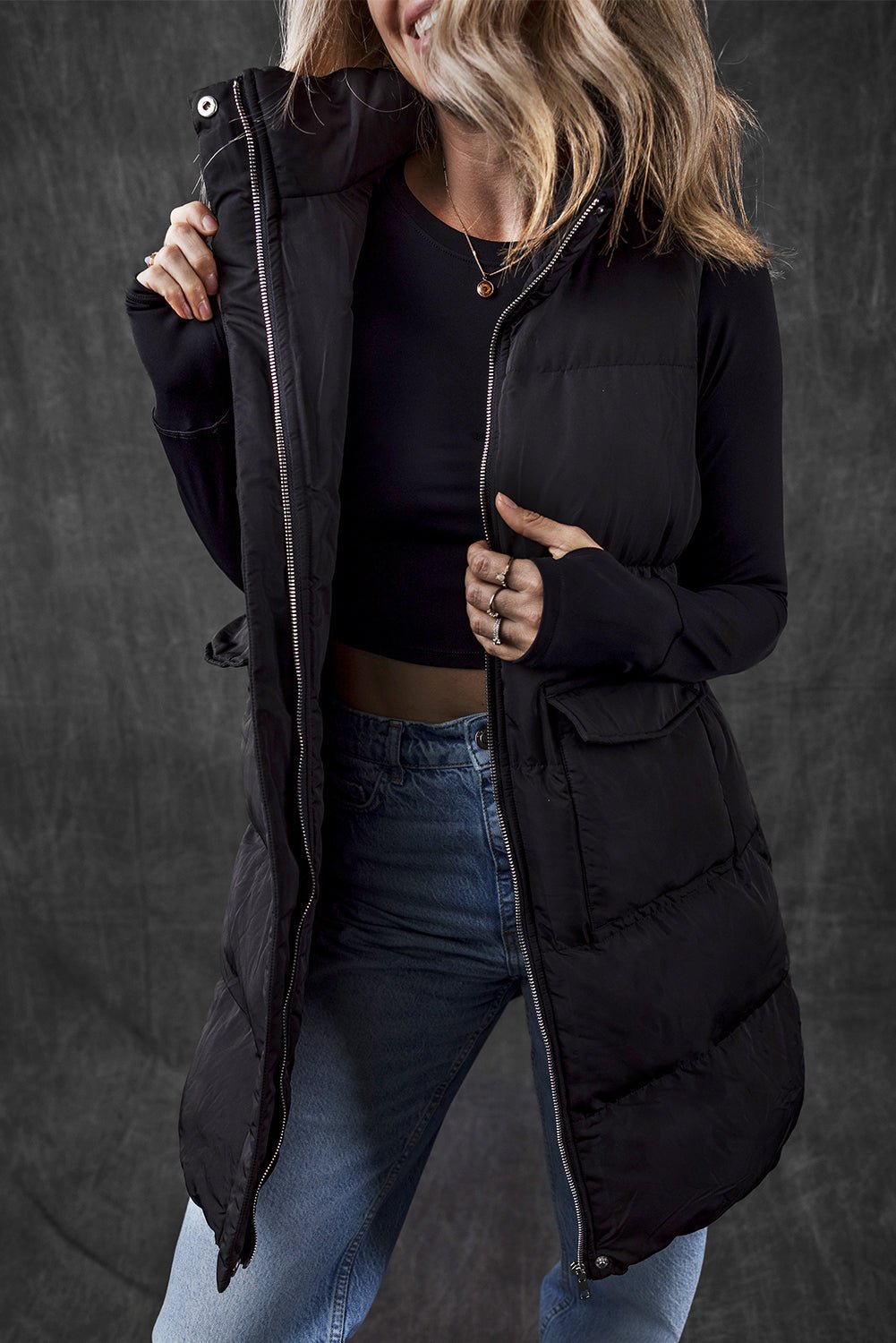 Black Windproof Longline Full Zipper Puffer Vest with Pockets - Goddess Vibes