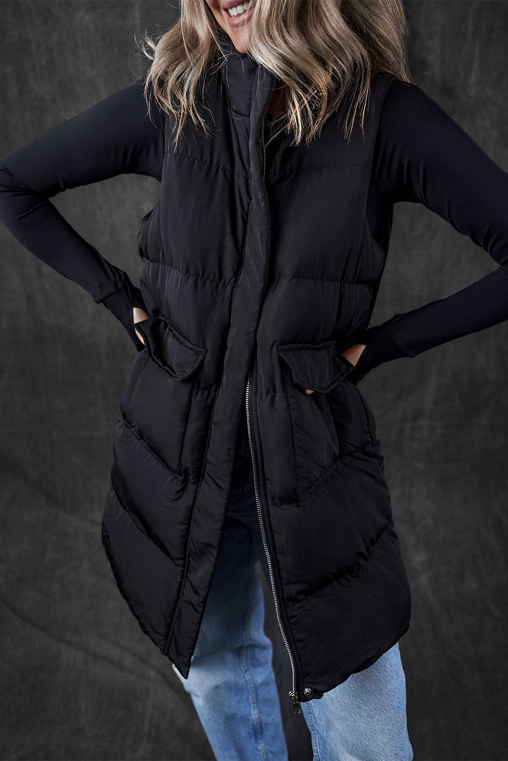 Black Windproof Longline Full Zipper Puffer Vest with Pockets - Goddess Vibes