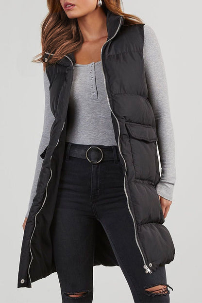 Black Windproof Longline Full Zipper Puffer Vest with Pockets - Goddess Vibes