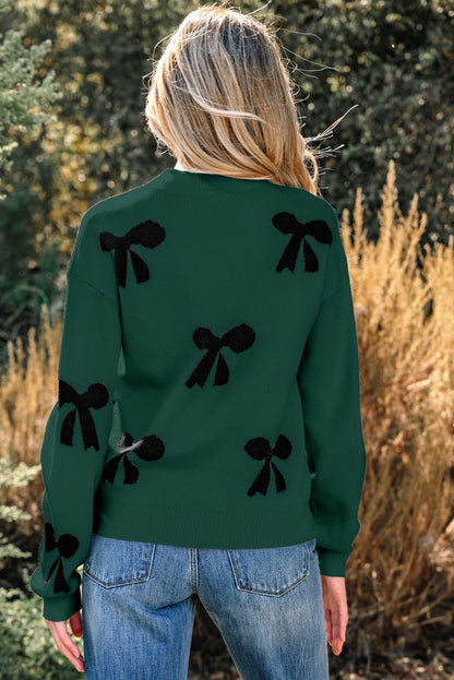 Blackish Green Pearl Embellished Bow Pattern Loose Sweater - Goddess Vibes