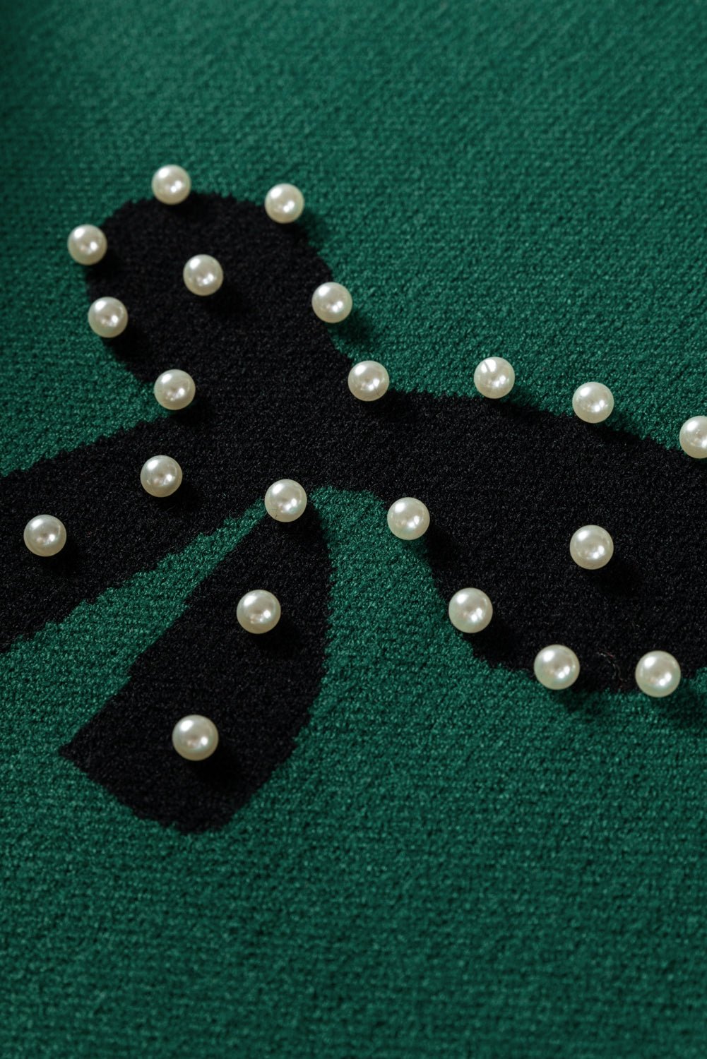 Blackish Green Pearl Embellished Bow Pattern Loose Sweater - Goddess Vibes