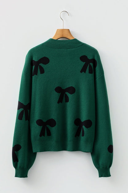 Blackish Green Pearl Embellished Bow Pattern Loose Sweater - Goddess Vibes