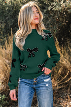 Blackish Green Pearl Embellished Bow Pattern Loose Sweater - Goddess Vibes