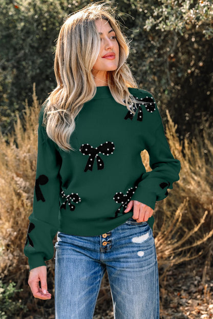Blackish Green Pearl Embellished Bow Pattern Loose Sweater - Goddess Vibes